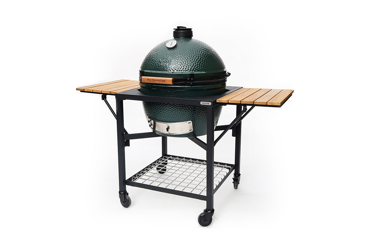 Big Green Egg XL Modular Nest with double foldable Acacia shelves, showcasing a versatile outdoor kitchen setup